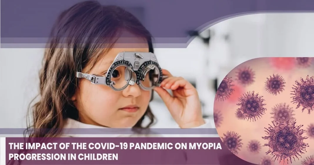 Child trying vision correction glasses, COVID-19 myopia study.