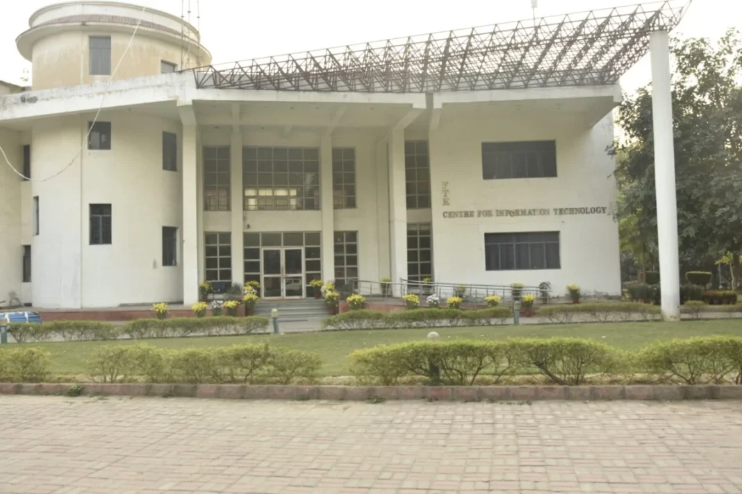 Information technology center building with landscaped entrance.