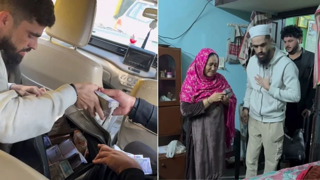 Man counting cash; another man standing with emotional woman.